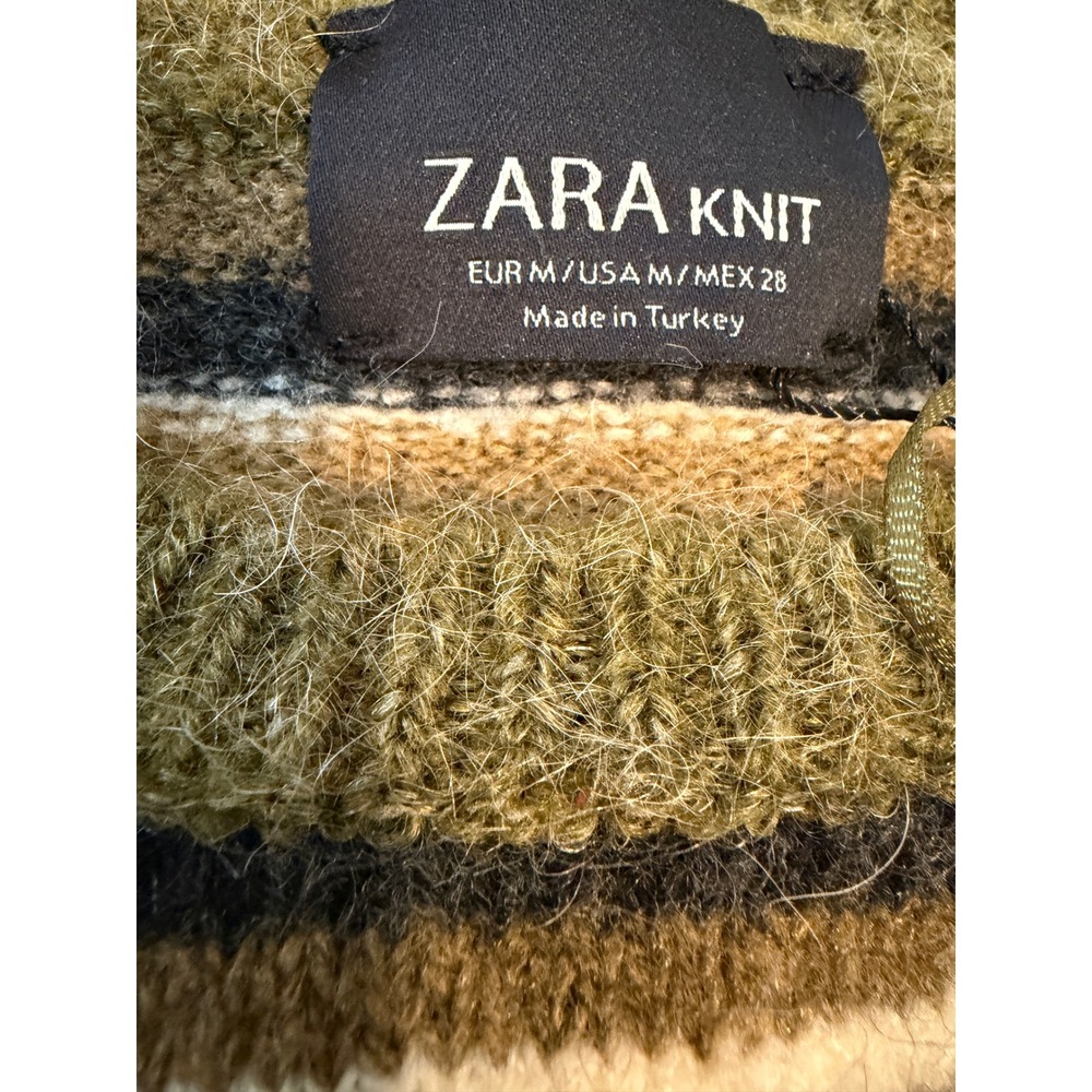 Zara Knit‎ Womens Striped Crewneck Sweater Olive Green Tan Burgundy Size Medium - Picture 3 of 3